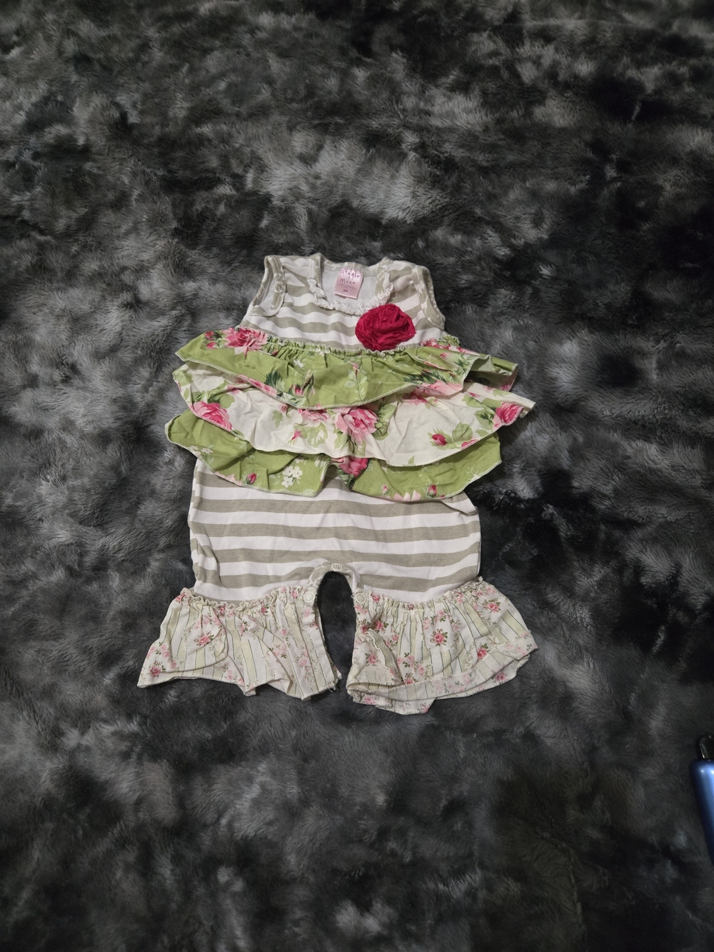 Giggle Moon White and Olive Ruffle-Trim Baby Romper